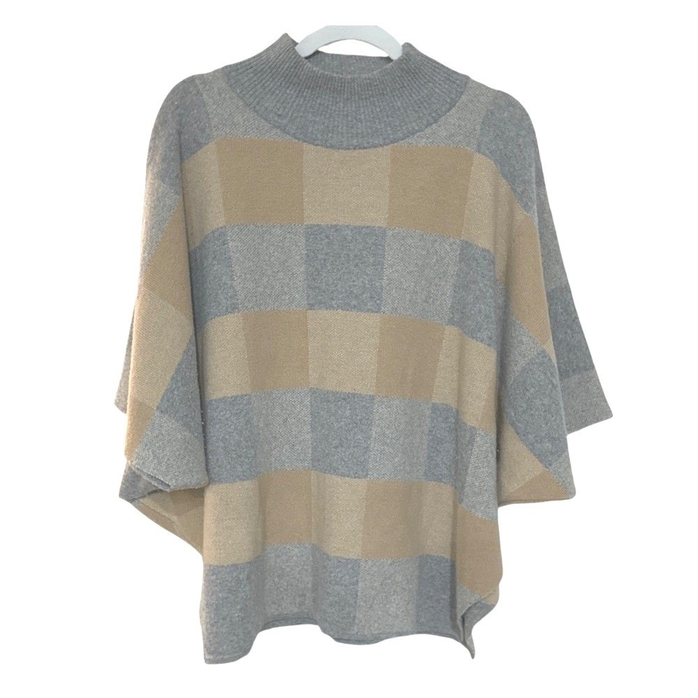 Note di Anita Poncho Cape Sweater Merino Wool Colorblock OS Knit Checkered Italy